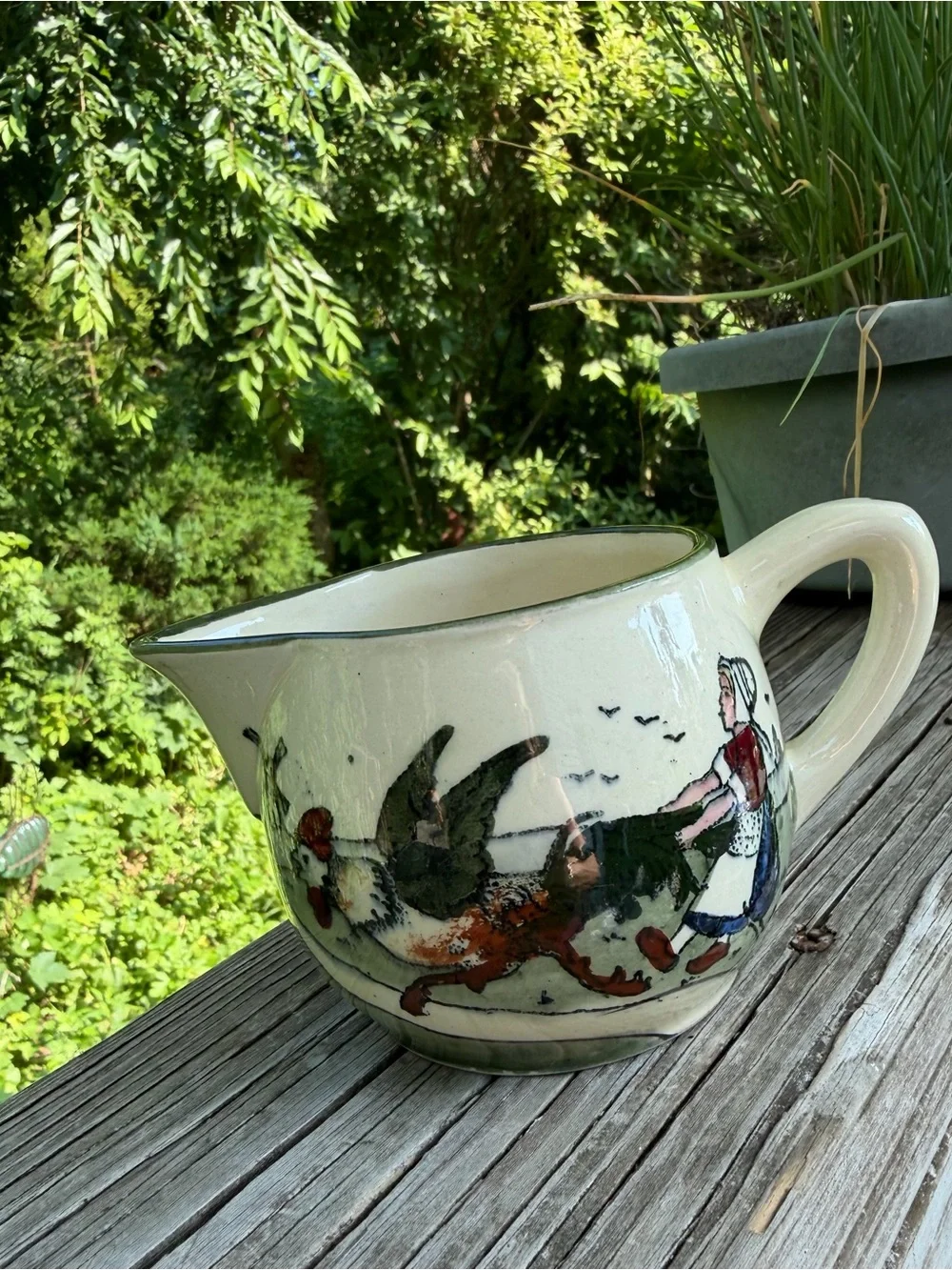 Made in Austria Creamer Woman Chasing Rooster 7258 Sage green And Cream